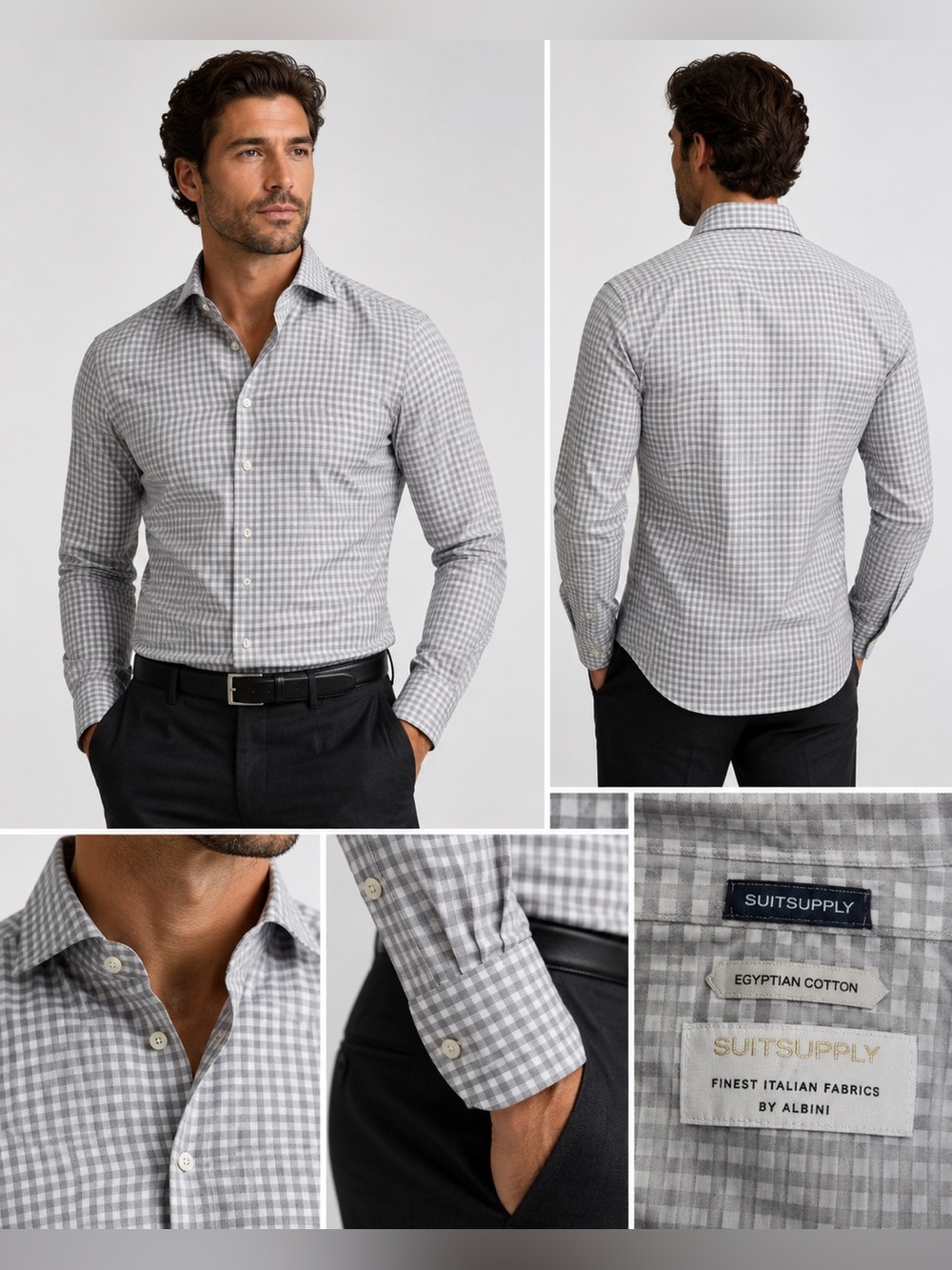 SuitSupply Egyptian Cotton Gray Gingham Button Up Dress Shirt Slim Fit 39 15.5